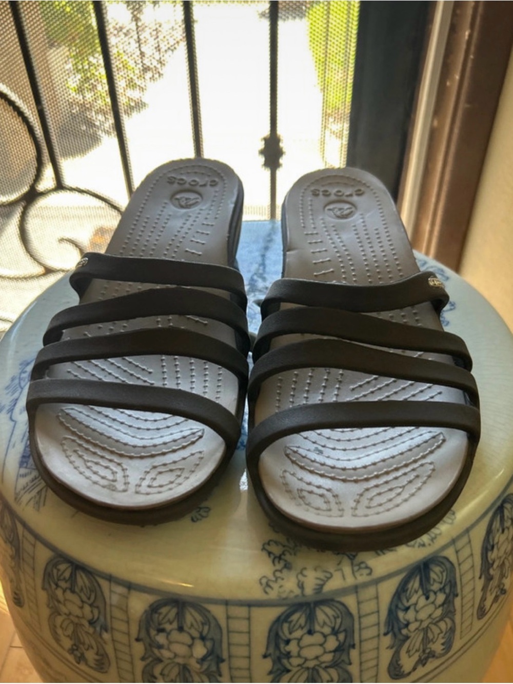 Crocs- Black Strappy Comfort Slide Sandals